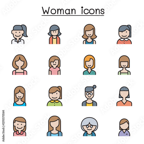 Woman, Girl, lady, female, Mom icon set in thin line style