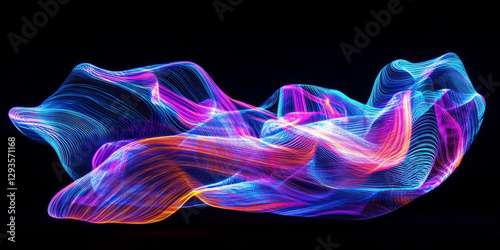 A futuristic abstract background featuring a mesmerizing array of floating holographic light trails, shifting and refracting in a seamless cybernetic dance. The iridescent neon reflections create a