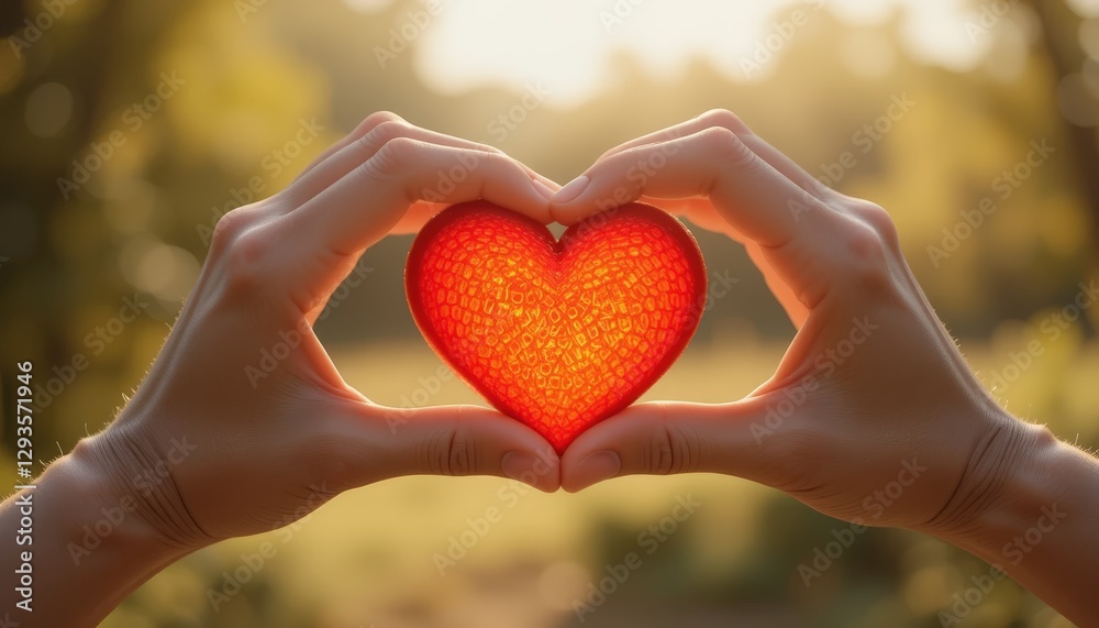 Two hands form a heart shape around a bright red object, symbolizing love and connection in a nature setting. Great for content related to love, relationships, or wellness. Two hands form a heart shape around a bright red object, symbolizing love and connection in a nature setting. Great for content related to love, relationships, or wellness.