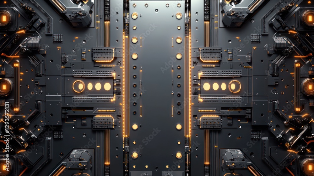 Fototapeta premium Futuristic circuit board panel, symmetrical design, technological background, possible use in tech advertisement