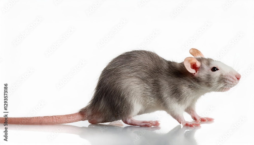 Whimsical White Background Isolated Rat Portraying a Mirthful Mood, Capturing the Playfulness of this Furry Creature in High Contrast Setting. Whimsical White Background Isolated Rat Portraying a Mirthful Mood, Capturing the Playfulness of this Furry Creature in High Contrast Setting.
