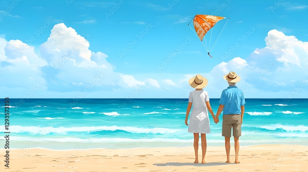 A young couple enjoys a summer beach vacation, walking hand-in-hand along the sandy coast under a bright sky A young couple enjoys a summer beach vacation, walking hand-in-hand along the sandy coast under a bright sky