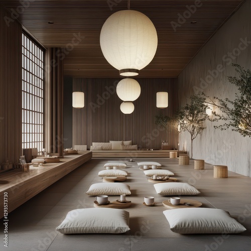 Elegant room with Japanese inspired minimalist architecture and design photo