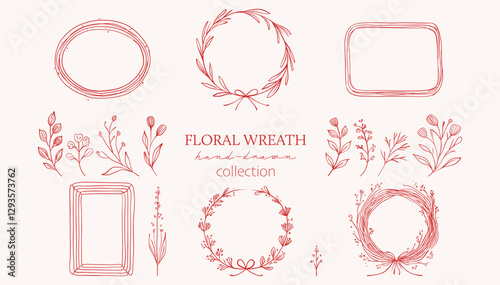 Coquette ink minimal hand-drawn sketch line art illustrations of floral wreaths, a variety of wreath shapes, frames, and decorative flower arrangements with bows. Perfect for botanical wedding design