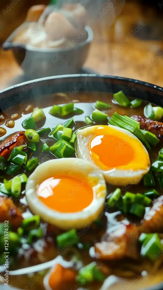 Delicious bowl of ramen with soft boiled eggs and green onions Delicious bowl of ramen with soft boiled eggs and green onions