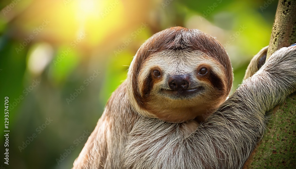 Fototapeta premium Endearing Sloth Portrait Amidst the Vibrant Rainforest Canopy A Humorous Moment Captured in the Heart of Wildlife