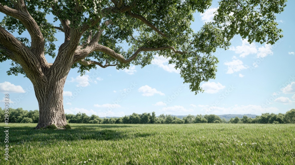 Sunny meadow with large tree under a blue sky, serene outdoor nature scene with lush green grass and clear horizon. Sunny meadow with large tree under a blue sky, serene outdoor nature scene with lush green grass and clear horizon.