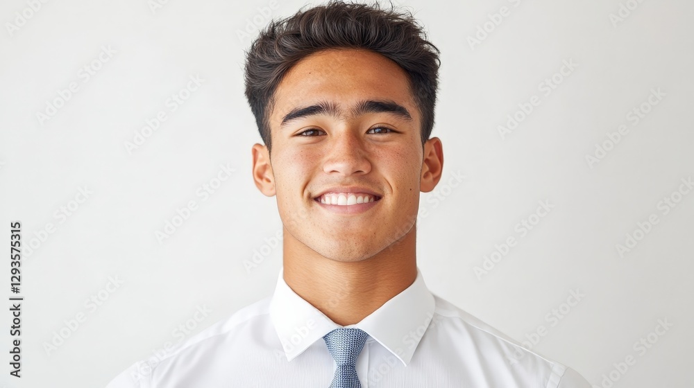 Smiling young man in a formal shirt displaying confidence and approachability Smiling young man in a formal shirt displaying confidence and approachability
