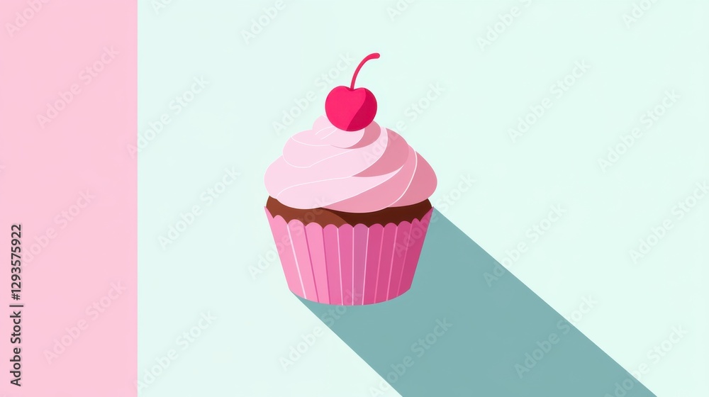 Colorful and Playful Cupcake with Pink Icing and Cherry on Top Set Against a Soft Pastel Background, Ideal for Dessert and Celebration Themes
