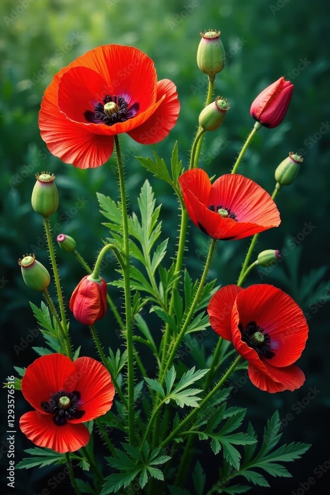 Obraz premium Bold crimson poppies & lush green leaves, rich tapestry weave, pattern, flower
