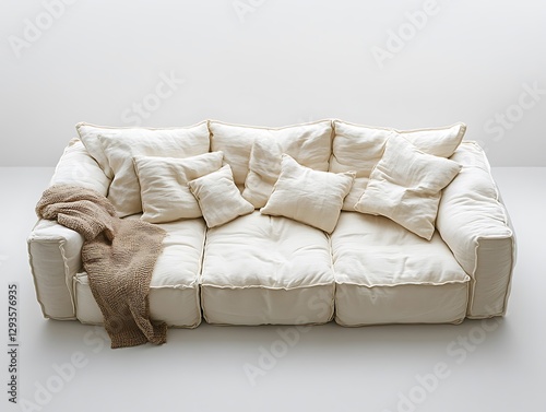 An off white sofa with pillows and a blanket photo