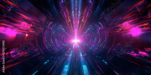 A futuristic abstract background with glowing neon waves flowing in a dark cybernetic space. The design features intricate energy currents, pulsating data streams, and holographic geometric patterns,