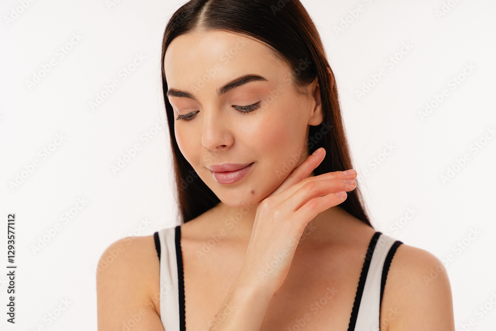 Portrait of a young girl with clear, radiant skin, exuding natural beauty while wearing casual, modern clothing, creating a serene and relaxed atmosphere. Portrait of a young girl with clear, radiant skin, exuding natural beauty while wearing casual, modern clothing, creating a serene and relaxed atmosphere.