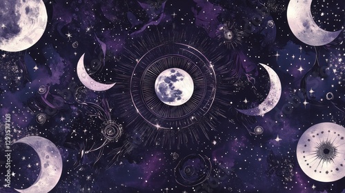 Celestial moon phases cosmic background, mystical art, design photo