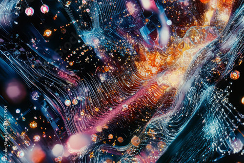 An abstract futuristic representation of quantum computing, featuring glowing 3D data clusters, cybernetic light waves, and holographic AI-driven interfaces. The high-tech background includes