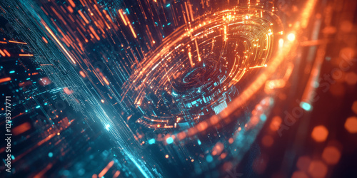 A futuristic visualization of quantum computing, featuring glowing cybernetic data streams, swirling AI-powered energy pathways, and pulsating holographic machine learning nodes. The high-tech