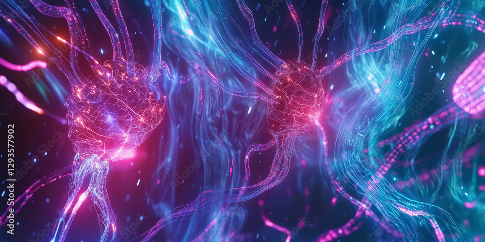 Fototapeta premium A glowing futuristic AI-driven neural prosthetics lab, displaying cybernetic brain-machine interface pathways, pulsating holographic cognitive augmentation grids, and swirling quantum-enhanced neural