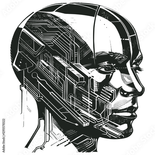Vector illustration of a robot head with internal circuit details. Great for themes like AI, technology, and the future. Black and white design.