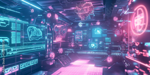 A futuristic AI-powered fully automated smart hospital, featuring glowing cybernetic real-time patient monitoring pathways, pulsating holographic robotic-assisted surgery grids, and swirling