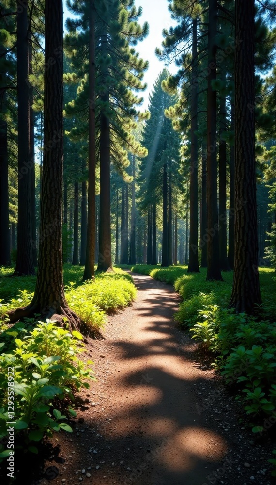 Obraz premium Narrow dirt trail cuts through dense pine forest, shadows play on the ground , journey, secluded, calm