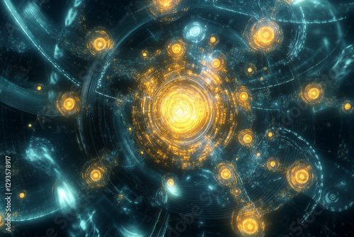 A futuristic quantum AI-powered interface, displaying glowing cybernetic encryption nodes, pulsating holographic blockchain security symbols, and swirling digital machine learning pathways. The