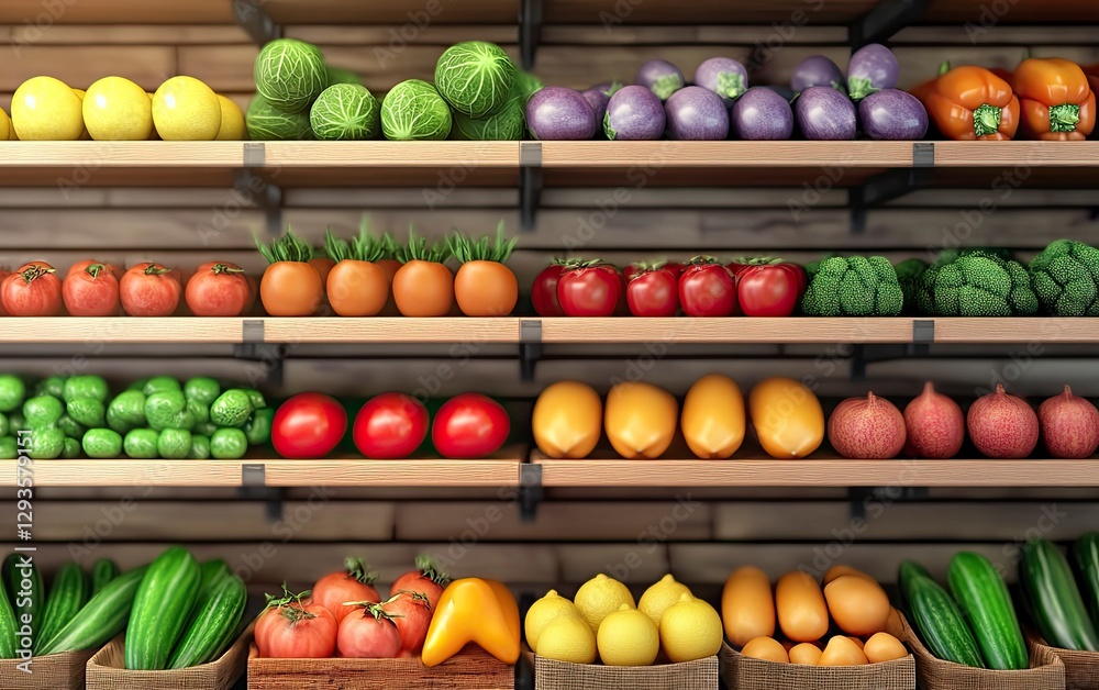 Blurred background of supermarket shelves with fruits and vegetables. Stock photo, photorealistic.