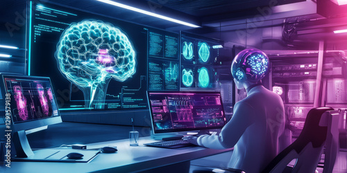 A futuristic AI-driven healthcare system, featuring glowing cybernetic biometric scans, pulsating holographic neural pathways, and swirling digital medical diagnostics. The high-tech abstract