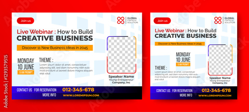 Online Business live webinar banner invitation and social media post template. Business webinar invitation design. Vector