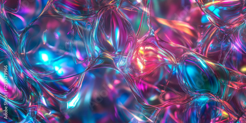 A high-tech abstract background featuring endless streams of cascading holographic light, forming an intricate web of digital reflections. The luminous neon gradients and cybernetic elegance create a