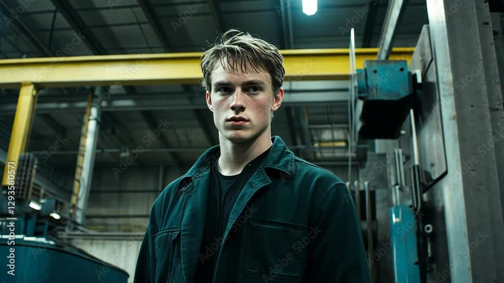 Young man stands confidently in an industrial setting with machinery and bright overhead lights during the evening hours Young man stands confidently in an industrial setting with machinery and bright overhead lights during the evening hours