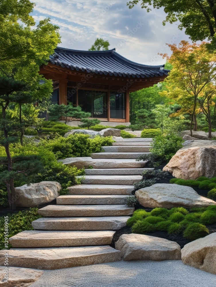 A serene path leading to a Korean wooden pavilion building A serene path leading to a Korean wooden pavilion building