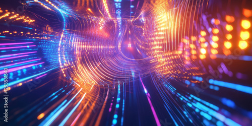 A surreal abstract background with cascading holographic light beams, dynamically pulsing in an intricate cybernetic sequence. The luminous neon reflections and smooth energy flow create a futuristic