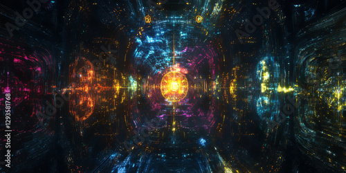 A glowing futuristic quantum data cluster, surrounded by swirling AI-powered cybernetic waves, holographic machine learning pathways, and pulsating blockchain security nodes. The high-tech abstract