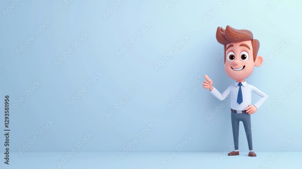 Confident cartoon businessman leading a team brainstorm in a modern office environment Confident cartoon businessman leading a team brainstorm in a modern office environment