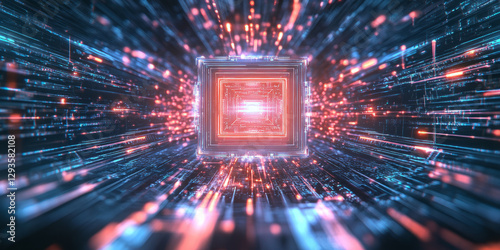 A glowing futuristic quantum processor, surrounded by swirling cybernetic energy streams, holographic machine learning pathways, and pulsating AI-driven intelligence grids. The high-tech abstract