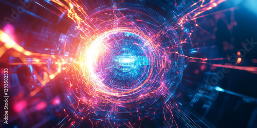 A glowing futuristic AI-powered fusion energy generator, featuring cybernetic real-time plasma stability control pathways, pulsating holographic thermonuclear reaction grids, and swirling