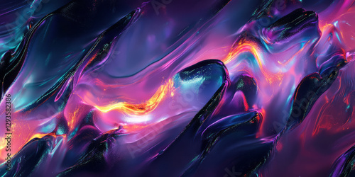 A futuristic abstract background with shifting holographic light bands, cascading across a digital landscape. The radiant ribbons of neon shimmer and glow, creating an immersive high-tech ambiance