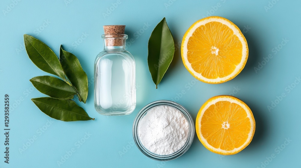 Fresh Citrus Ingredients with Jar and Leaves on Blue Background Fresh Citrus Ingredients with Jar and Leaves on Blue Background