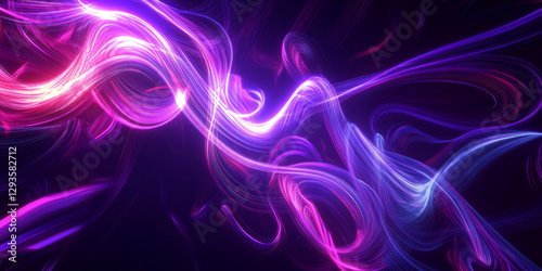 A surreal abstract background with fluid light ribbons flowing through a digital void. The luminous strands intertwine, forming intricate patterns of motion and energy. The high-tech ambiance is