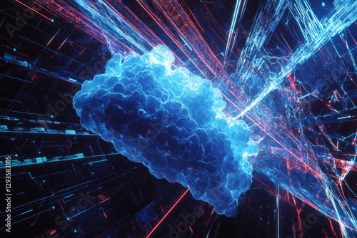 A futuristic data cloud floating in cyberspace, surrounded by glowing digital connections, cybernetic pathways, and holographic information streams. The abstract high-tech background represents