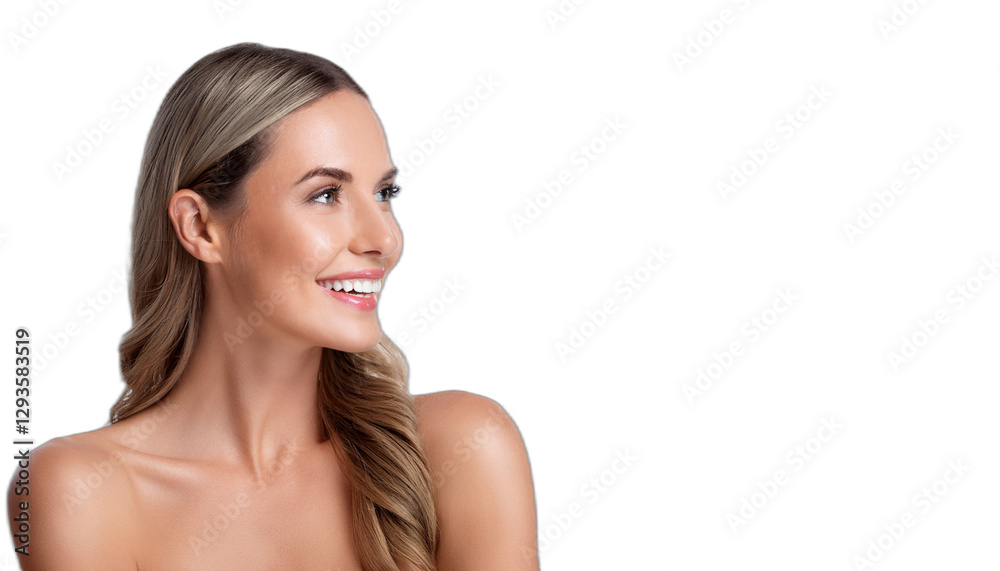 A beautiful woman smiling and looking to the left sideways A beautiful woman smiling and looking to the left sideways