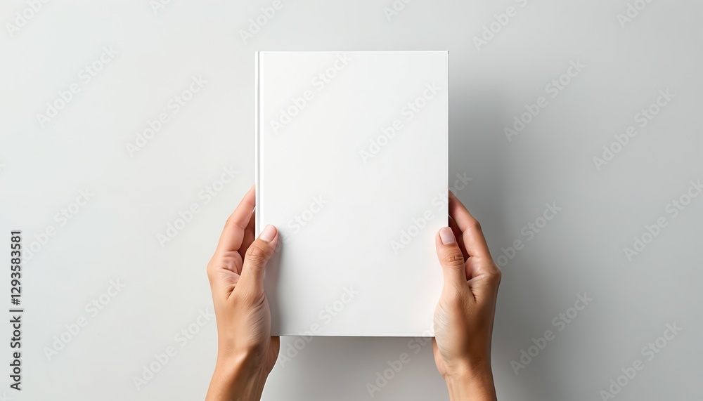 Hands hold blank white book against light background. Minimalist template perfect for cover designs branding concepts. Clean mock-up image. Book demonstration. Paper texture. Publishing business. Hands hold blank white book against light background. Minimalist template perfect for cover designs branding concepts. Clean mock-up image. Book demonstration. Paper texture. Publishing business.
