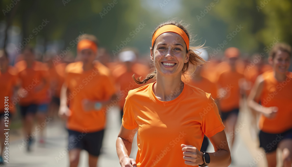 Fototapeta premium Smiling woman runs in orange shirt with crowd at charity event. Female runner participates in marathon race. Healthy lifestyle, sport activity, fun, community support, health awareness promotion.