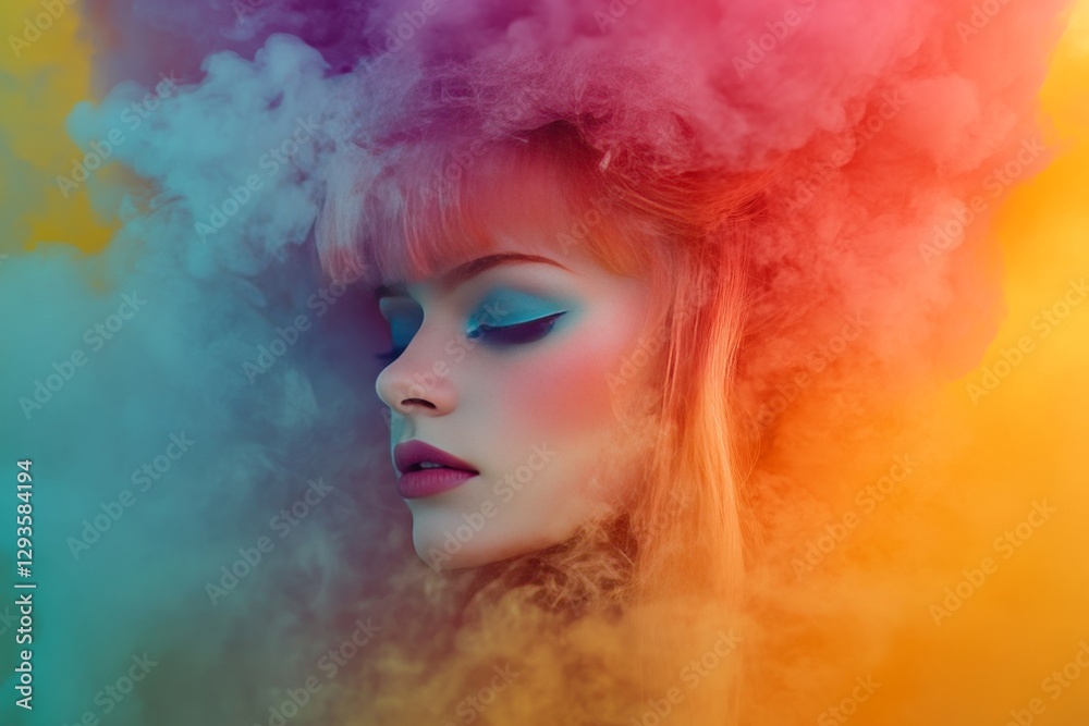 Fototapeta premium serene beautiful woman surrounded by colorful swirling smoke, Generative AI