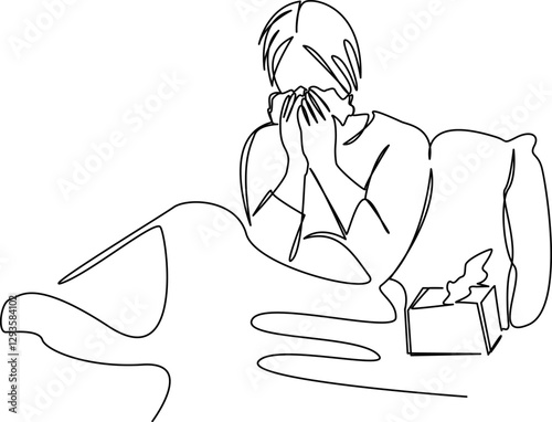 One continuous single drawing line art flat doodle disease, flu, female, girl, nose, sick, virus, allergy. Isolated image hand draw contour on a white background, hand drawn, not AI