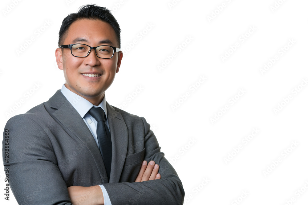 Polished East Asian male financial advisor in gray suit isolated on transparent white background Polished East Asian male financial advisor in gray suit isolated on transparent white background