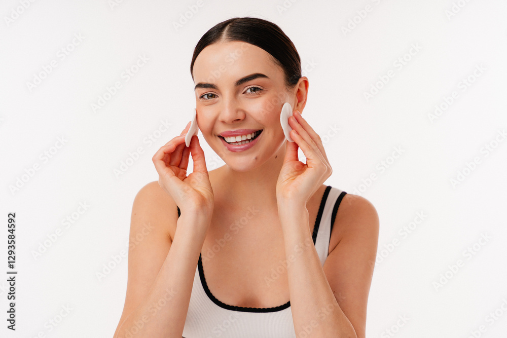 Person happily engaging in a skincare routine using cotton pads for facial cleaning in a bright setting. Person happily engaging in a skincare routine using cotton pads for facial cleaning in a bright setting.