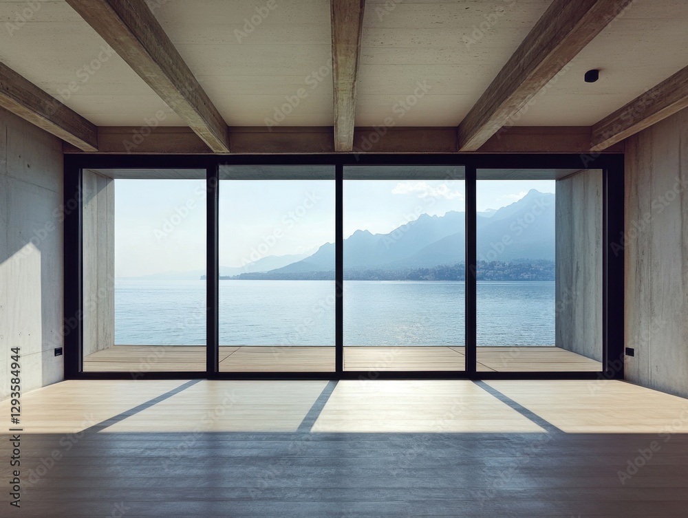 Fototapeta premium A large window overlooking a body of water. The window is open and the view is clear. The room is empty and the floor is made of wood
