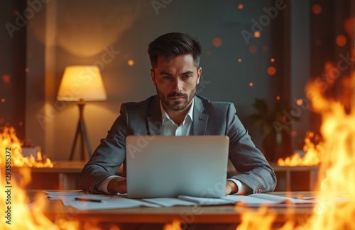 Man in suit works on laptop in office on fire. Businessman remains calm despite chaos, continues working determined. Concept challenge, stress, crisis management, business under pressure.