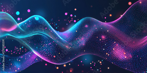A futuristic abstract background with flowing streams of neon plasma energy, forming intricate wave-like patterns. The glowing ribbons of light twist and intertwine, creating a mesmerizing high-tech